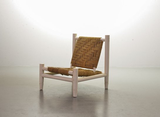White Oak Low Seat Lounge Chair in Sisal Rope with Footstool in the Style  of Charlotte Perriand, 1960s for sale at Pamono