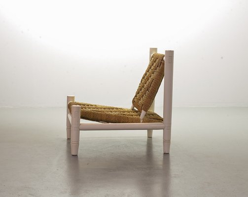 White Oak Low Seat Lounge Chair in Sisal Rope with Footstool in the Style  of Charlotte Perriand, 1960s