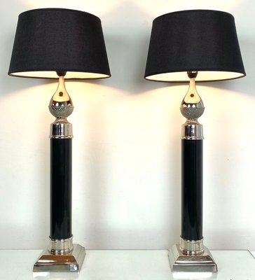 Large Regency Style Chrome and Black Table Lamps with Pine Cone Decoration 1980s Set of 2