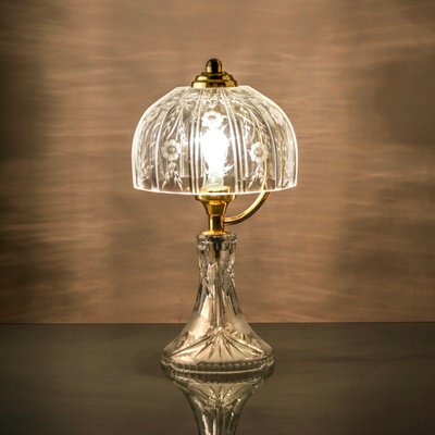 Mid Century Table Lamp in Engraved Crystal Glass Brass 1960s