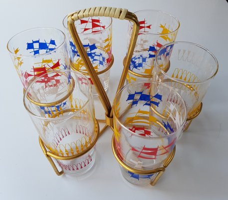 Confetti Decorated Drinking Glasses in Brass Holder, 1950s, Set of 6