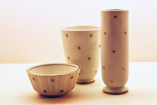 Vintage Carrara Ceramic Bowl And 2 Vases By Wilhelm Kage For