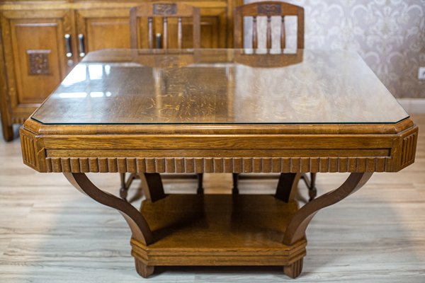 Oak Dining Room Set with Marble and Rattan Elements, 1950s, Set of