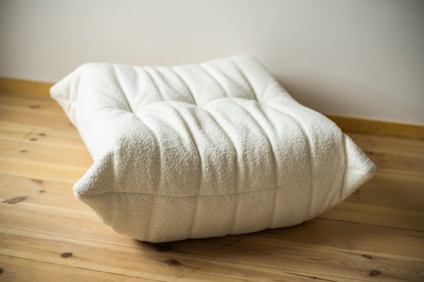 White Bouclette Togo Pouf and 2 Seat Sofa by Michel Ducaroy for