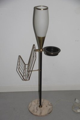 Vintage Brass Marble Floor Lamp with Ashtray Magazine Rack for sale at Pamono