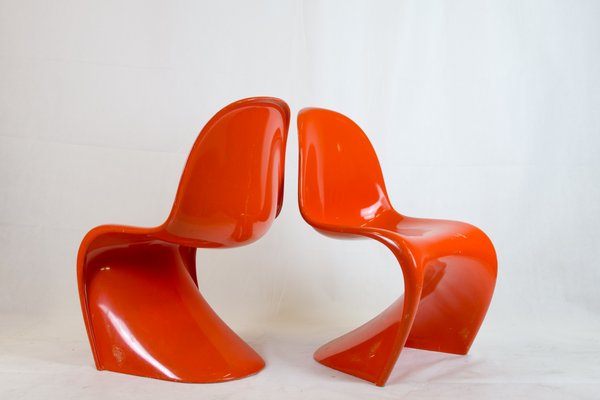 Mid Century 1st Edition Orange Panton Chairs By Verner Panton For