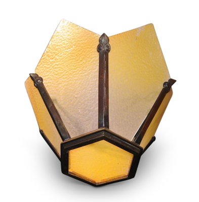Vintage Art Deco Brass Crown Shaped Pendant Light With Yellow