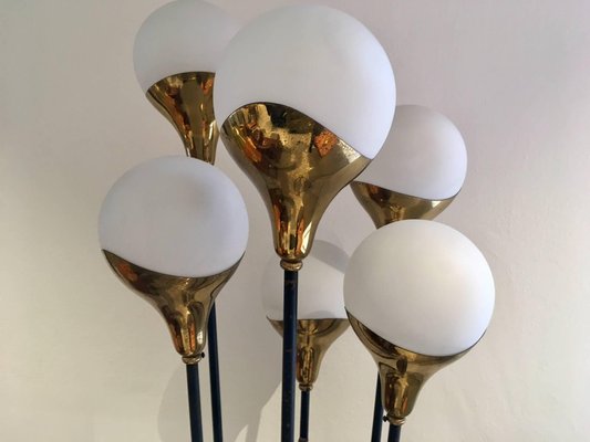 Mid Century Floor Lamp With Marble Base Wooden Details And Six