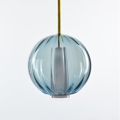 lampe à suspension bleue océan, collection moire, en verre soufflé à