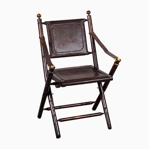 Folding Chair in Mahogany, Faux Bamboo, Leather and Brass, 1960s