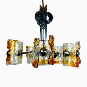 Lámpara de araña Mid-Century de cristal de Murano ámbar y cromo de Toni Zuccheri para Mazzega, Italia, años 70