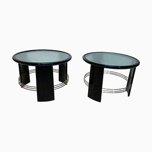 Pair of Art Deco Side or Sofa Tables, Black Lacquer, Nickel, France circa 1930, Set of 2