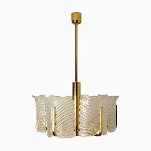 One of the Six Large Fagerlund Glass Leaves Brass Chandelier by Orrefors, 1960s