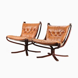 Sedie Falcon vintage in pelle color cognac di Sigurd Resell, set di 2