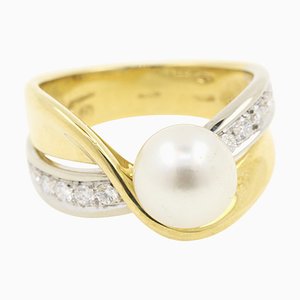 Anello in oro a 18 carati con perla giapponese e diamanti