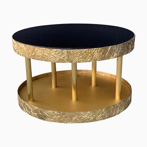Bronze and Metal Round Center Table with Black Glass