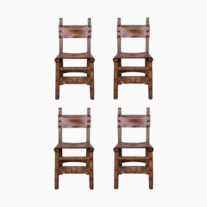 19th Spanish Carved Chairs with Leather Seat, Set of 4