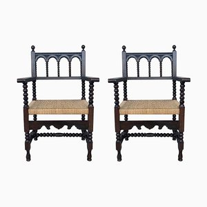 20th Century Catalan Throne Armchairs in Walnut and Caned Seats, Set of 2