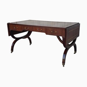 Victorian Library Writing Table with Brown Leather Top