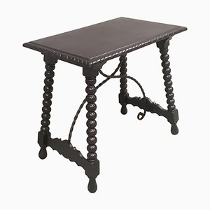 19th Spanish Console Table with Iron Stretcher and Carved Top in Walnut