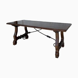 20th Century Refectory Spanish Table with Lyre Legs and Iron Stretch