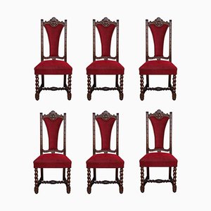 Spanish Carved Walnut Chairs with Red Velvet Seat, Set of 6