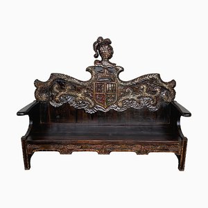 Early 20th Century Spanish Polychrome Hand Carved Oak Bench