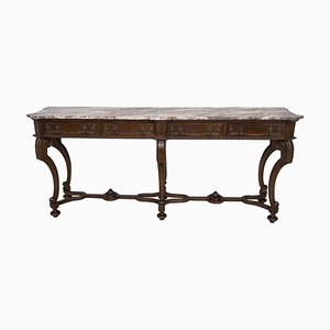 20th-Century Large Console Table with Four Drawers, Walnut Inlays, and Marble Top