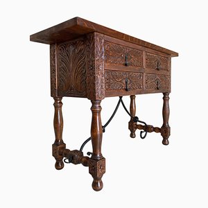 Catalan Carved Walnut Sofa Table with Four Drawers & Iron Stretcher