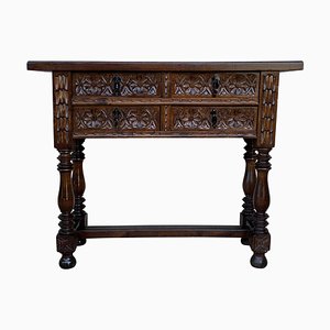 19th-Century Catalan Carved Walnut Sofa Table with Four Drawers