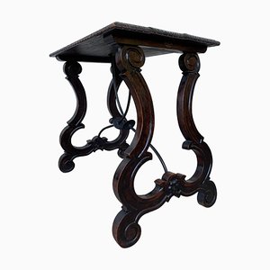 19th-Century Spanish Side Table with Hand Carved Lyre Leg and Iron Stretcher