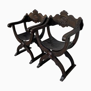 Fauteuils Savonarola en Noyer Sculpté, 19ème Siècle, Set de 2