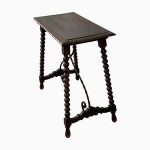 19th-Century Spanish Baroque Side Table with Iron Stretcher and Carved Top in Walnut