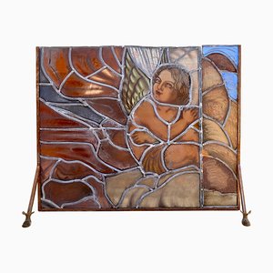 Mid-Century Handmade Glass & Painted Iron Fire Screen