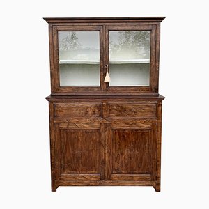 Mid 19th-Century 2-Part Step Back Walnut Pie Safe Cupboard with Glass Doors