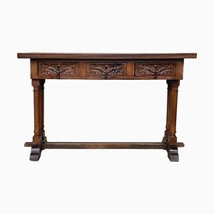 20th-Century Carved Three-Drawer Spanish Walnut Console Table with Iron Hardware