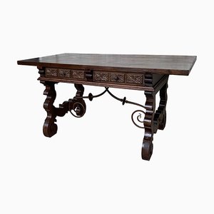 19th-Century Walnut and Wrought Iron Desk with Two Drawers and Lyre Legs