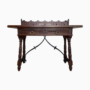 Catalan Lady's Desk or Console Table in Carved Walnut with Iron Stretcher