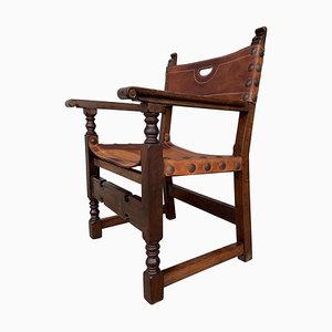 19th-Century Spanish Colonial Throne Armchair with Leather