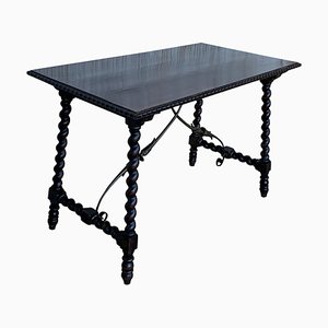19th-Century Spanish Console or Desk Table with Iron Stretcher and Solomonic Legs