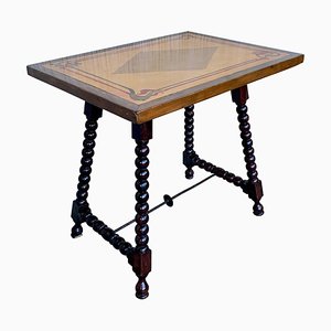 19th-Century Baroque Spanish Side Table with Marquetry & Painted Top