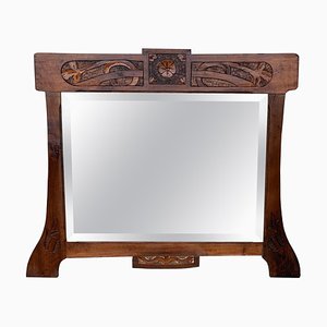 Antique Arts & Crafts Carved Oak Wall Mirror, 1920s