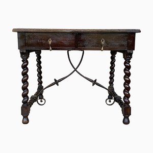19th Century Spanish Walnut Desk with Two Drawers and Solomonic Turning Legs