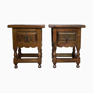 20th-Century Spanish Nightstands with Carved Drawer and Iron Hardware, Set of 2