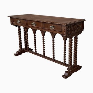 Spanish Tuscan Console Table with Three Drawers and Solomonic Columns Legs