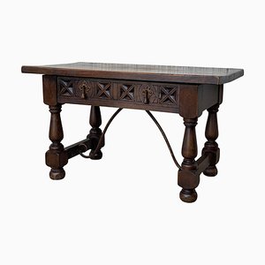20th-Century Spanish Carved Table with Iron Stretchers and Drawer