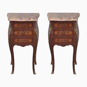 French Marquetry Nightstands with Three Drawers and Bronze Hardware, Set of 2