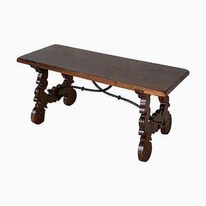 20th-Century Spanish Carved Table with Iron Stretchers