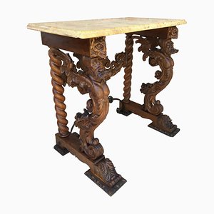 19th-Century Renaissance Carved Console Table with Beige Marble Top
