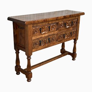 19th-Century Catalan Carved Walnut Console Table with Three Drawers